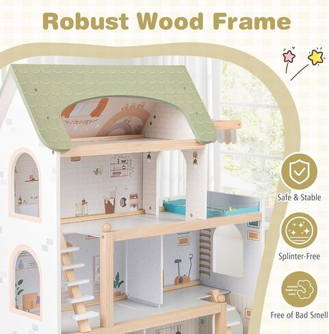 Costzon Wooden Dollhouse, Kids DIY Pretend Playhouse w/ 33 PCS Furniture Accessories, Modern Family Play House Toy w/Balcony, Pool for Girls & Boys Ages 3+ Years Old in Saudi Arabia