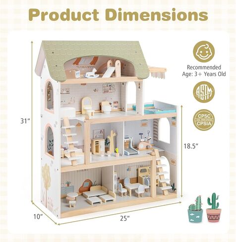 Costzon Wooden Dollhouse, Kids DIY Pretend Playhouse w/ 33 PCS Furniture Accessories, Modern Family Play House Toy w/Balcony, Pool for Girls & Boys Ages 3+ Years Old in Saudi Arabia