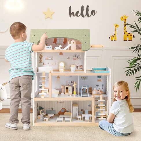 Costzon Wooden Dollhouse, Kids DIY Pretend Playhouse w/ 33 PCS Furniture Accessories, Modern Family Play House Toy w/Balcony, Pool for Girls & Boys Ages 3+ Years Old in Saudi Arabia