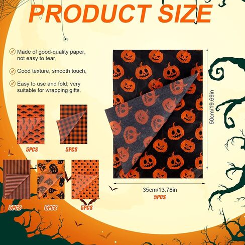 30 Sheets Halloween Tissue Paper, 14x20in Orange and Black Pumpkins Ghosts Dot Print Gift Wrapping & Packaging Paper for Halloween Party Favors Art Decorations DIY Crafts, 6 Designs in Saudi Arabia