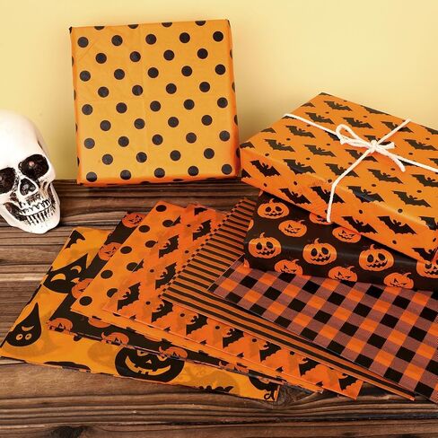 30 Sheets Halloween Tissue Paper, 14x20in Orange and Black Pumpkins Ghosts Dot Print Gift Wrapping & Packaging Paper for Halloween Party Favors Art Decorations DIY Crafts, 6 Designs in Saudi Arabia