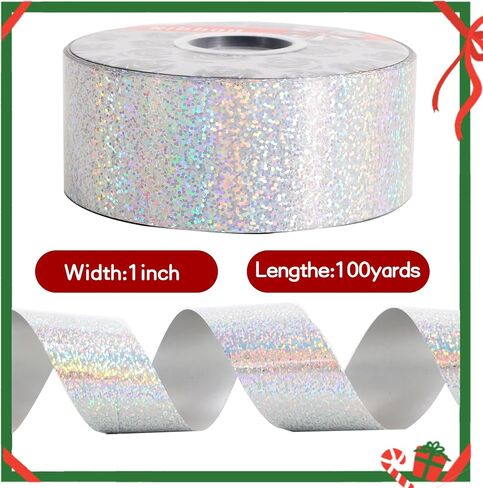 TONIFUL 1inch x 100yards Glitter Waterproof Ribbon,Silver Curling Plastic Ribbon for Gifts Wrapping,Bows Making,Crafting,Graduation Tie Making,Wall Backdrop,Floral Bouquet Decor,Party Decoration. in Kuwait