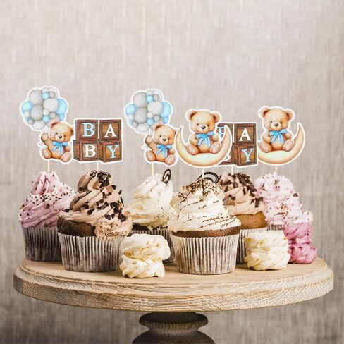 24 PCS Bear Cupcake Toppers ، Shower Baby Bear Bear Cake Decorations Little Bear Cupcake Topper for Bear theme baby Shower Supplies (Blue) in Kuwait