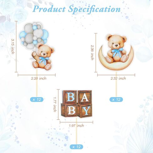 24 PCS Bear Cupcake Toppers ، Shower Baby Bear Bear Cake Decorations Little Bear Cupcake Topper for Bear theme baby Shower Supplies (Blue) in Kuwait