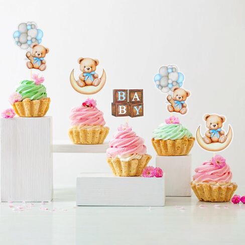 24 PCS Bear Cupcake Toppers ، Shower Baby Bear Bear Cake Decorations Little Bear Cupcake Topper for Bear theme baby Shower Supplies (Blue) in Kuwait