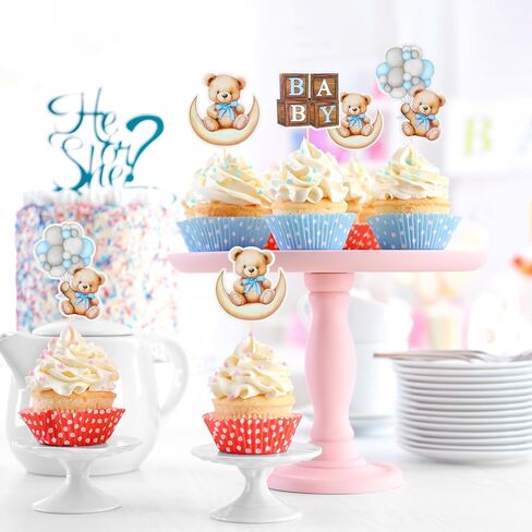 24 PCS Bear Cupcake Toppers ، Shower Baby Bear Bear Cake Decorations Little Bear Cupcake Topper for Bear theme baby Shower Supplies (Blue) in Kuwait