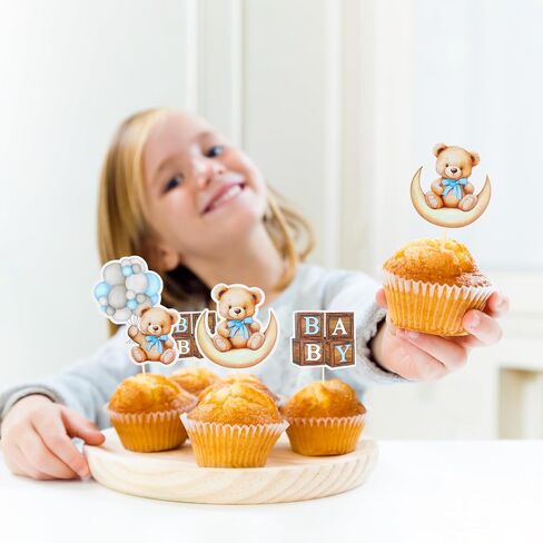 24 PCS Bear Cupcake Toppers ، Shower Baby Bear Bear Cake Decorations Little Bear Cupcake Topper for Bear theme baby Shower Supplies (Blue) in Kuwait