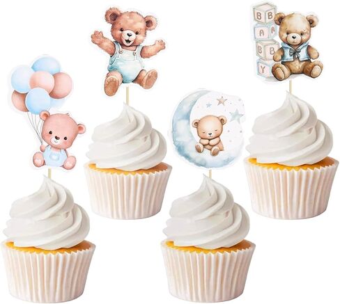 24 PCS Bear Cupcake Toppers ، Shower Baby Bear Bear Cake Decorations Little Bear Cupcake Topper for Bear theme baby Shower Supplies (Blue) in Kuwait