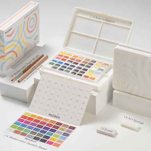 MEEDEN Watercolor Paint Set 48 Colors in Portable Box, Paint Kit with Brush, Palette, Art Supplies, Customizable Color Blocks, Bright Watercolors Travel Set for Adult Teens Beginner Amateur Artists in Saudi Arabia