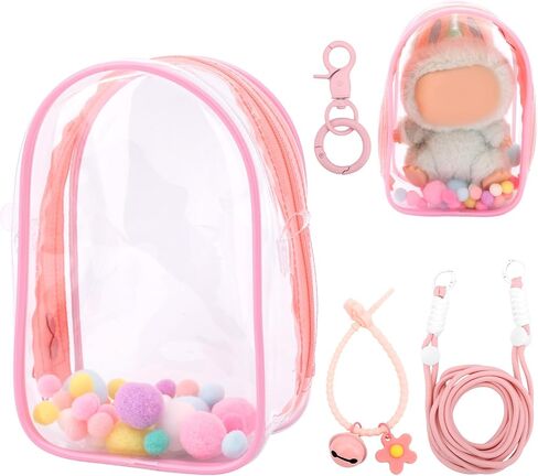 Clear Figure Display Case, Protective Case for Plush Doll Storage Bag Portable Crossbody PVC Hanging Doll Cover Pouch with Keychain for 15cm Dolls Accessories (Pink) in Saudi Arabia