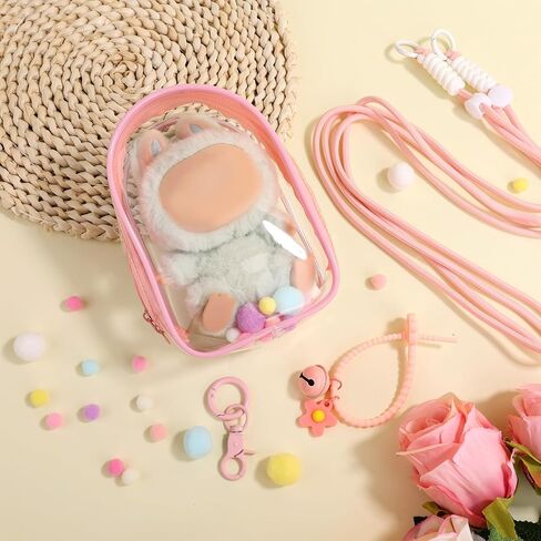 Clear Figure Display Case, Protective Case for Plush Doll Storage Bag Portable Crossbody PVC Hanging Doll Cover Pouch with Keychain for 15cm Dolls Accessories (Pink) in Saudi Arabia