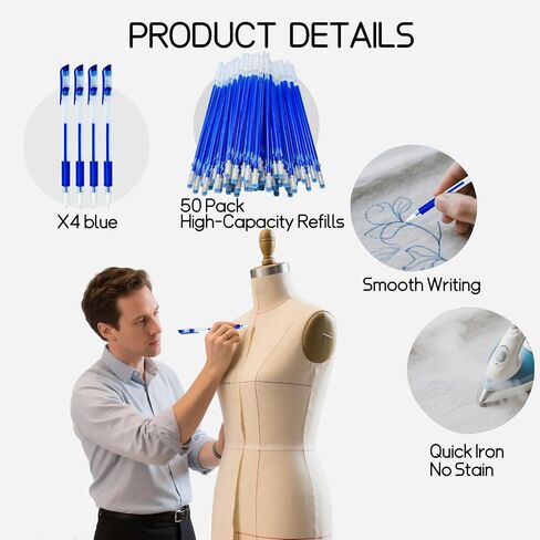 Disappearing Fabric pen for Sewing & Quilting | 4 Blue Pens + 50 Blue Refills | Heat Erasable Ink, Sewing Kit, Embroidery Supplies, Dressmaking Tools | High Volume Refill Pack in Saudi Arabia