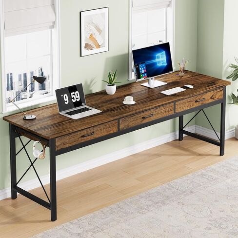 78.7 inch Extra Long Computer Desk with 3 Drawers, Two Person Office Desk, Double Desk with Hooks, Modern Industrial Writing Study Table Workstation for Home Office, Black in Saudi Arabia