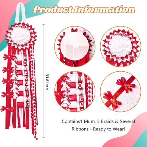 شملت مجموعة إمدادات أمي من Nuolan Homecoming Flower Homecoming Mum Flower و 5pcs Braid Ribbon ، عودة إلى School Classroom Homecoming Week Decorations DIY Craft Kit (White and Red) in Saudi Arabia