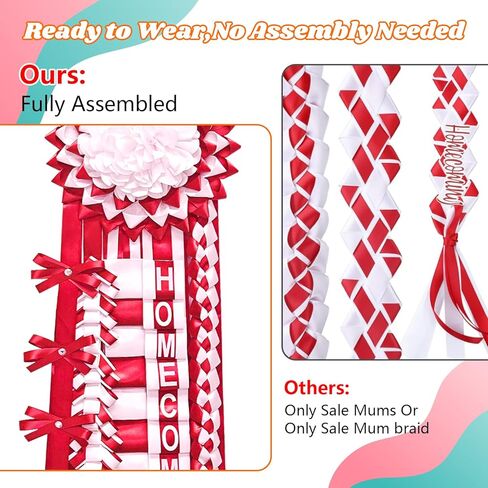 شملت مجموعة إمدادات أمي من Nuolan Homecoming Flower Homecoming Mum Flower و 5pcs Braid Ribbon ، عودة إلى School Classroom Homecoming Week Decorations DIY Craft Kit (White and Red) in Saudi Arabia