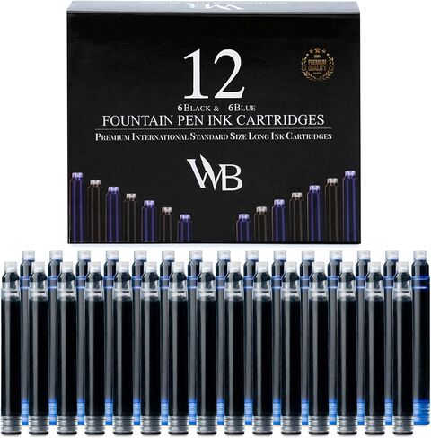 Wordsworth & Black 12 Pack Fountain Pen Ink chills - مجموعة من 12 خراطيش حبر سوداء - الحجم القياسي الدولي - الطول APPR 2.3 " - القطر الأساسي APPR 0.24" - يمكن التخلص منها وعامة in Saudi Arabia