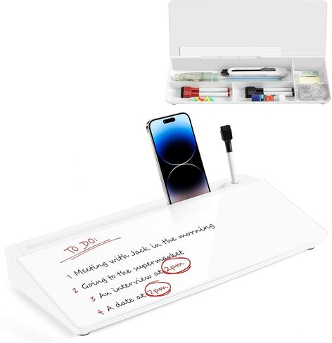 VUSIGN Glass Desktop Whiteboard with Storage, Small Organizer Dry Erase Board Desk Board Buddy White Board, Desktop Computer Pad for Notetaking, Desk Whiteboard for Office, Home, School Supplies in Saudi Arabia