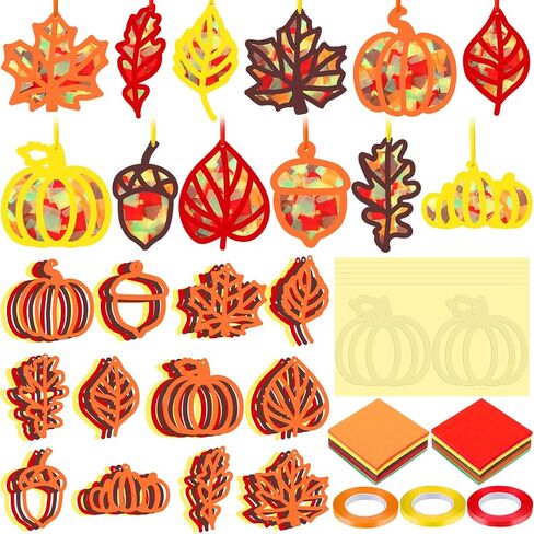 Marsui 36 Sets Fall Suncatchers Crafts Kit Thanksgiving DIY Maple Leaf Pumpkin Acorn Tissue Paper Crafts Autumn Suncatchers Decor Window Craft Fall Hanging Ornament for Home Party Favors in Saudi Arabia