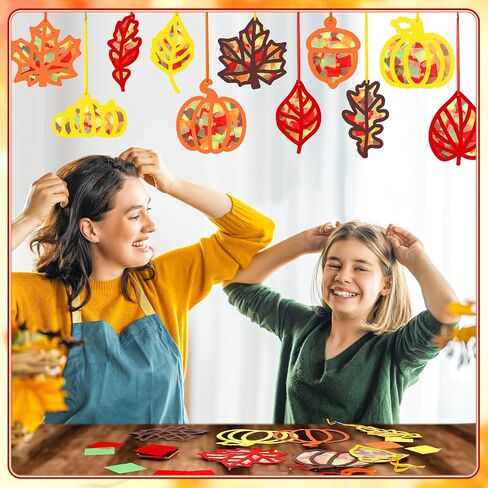 Marsui 36 Sets Fall Suncatchers Crafts Kit Thanksgiving DIY Maple Leaf Pumpkin Acorn Tissue Paper Crafts Autumn Suncatchers Decor Window Craft Fall Hanging Ornament for Home Party Favors in Saudi Arabia