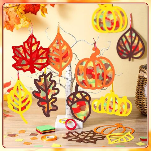 Marsui 36 Sets Fall Suncatchers Crafts Kit Thanksgiving DIY Maple Leaf Pumpkin Acorn Tissue Paper Crafts Autumn Suncatchers Decor Window Craft Fall Hanging Ornament for Home Party Favors in Saudi Arabia
