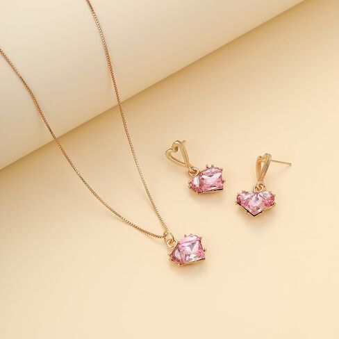 مجموعة مجوهرات القلب الكريستالية الوردية على طراز Y2K - قلادة عصرية من الكريستال الوردي وأقراط متدلية للنساء والفتيات مجوهرات عيد الحب in Kuwait