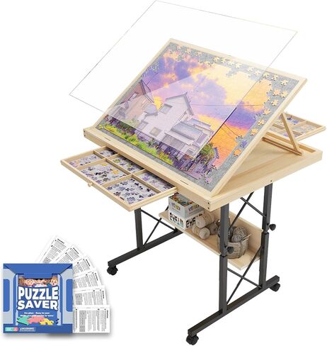 1500 Piece Jigsaw Puzzle Table with Legs for Adults, 5-Tilting-Angle & Height Adjustable Puzzle Table with Draws, Wooden Puzzle Board with Extended Support Bar & 4 Wheels in Saudi Arabia