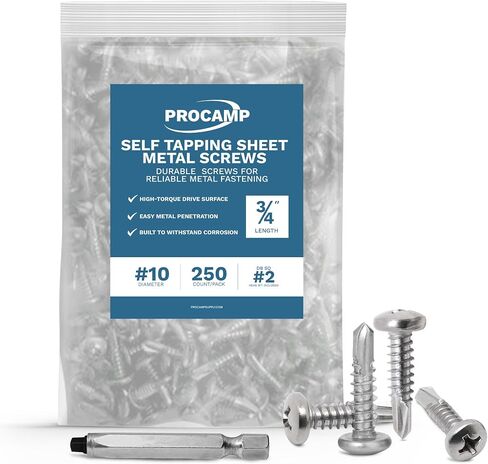 #10 x 3/4 Inch Self Tapping Sheet Metal Screws, Black, SQ #2 Head Bit Included, Cargo Trailer Self Tapping Screws, Exterior RV Skin Fasteners, Enclosed Trailer Repair Screws, 250 Pack by ProCamp in Saudi Arabia