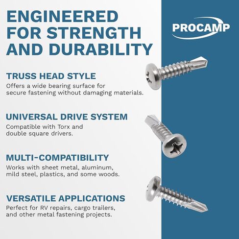 #10 x 3/4 Inch Self Tapping Sheet Metal Screws, Black, SQ #2 Head Bit Included, Cargo Trailer Self Tapping Screws, Exterior RV Skin Fasteners, Enclosed Trailer Repair Screws, 250 Pack by ProCamp in Saudi Arabia