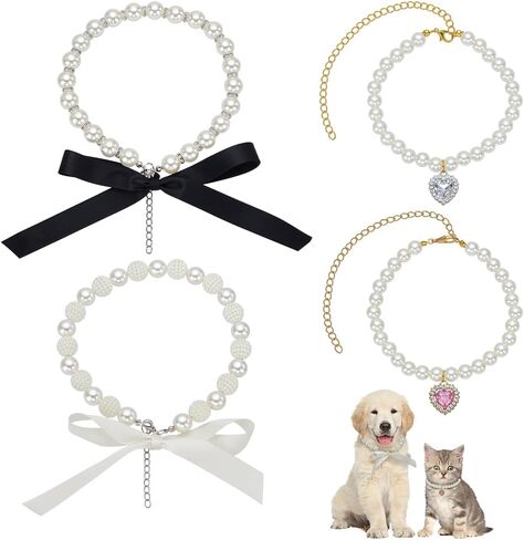 FINGERINSPIRE 4 Pcs Cat Dog Pearl Collar, Rhinestone Pet Necklace with Ribbon Bowknot Heart Pendant Cute Pearl Collar Adjustable Wedding Party Small Dog Jewelry Accessories for Pets in Saudi Arabia