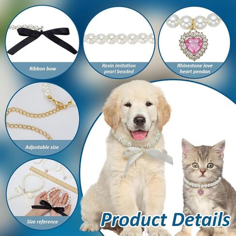 FINGERINSPIRE 4 Pcs Cat Dog Pearl Collar, Rhinestone Pet Necklace with Ribbon Bowknot Heart Pendant Cute Pearl Collar Adjustable Wedding Party Small Dog Jewelry Accessories for Pets in Saudi Arabia