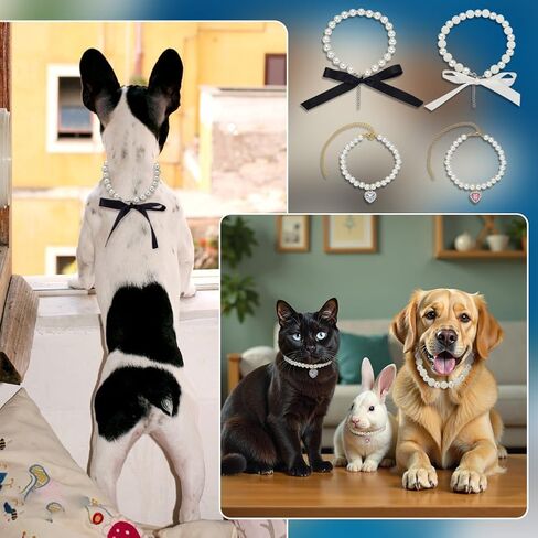 FINGERINSPIRE 4 Pcs Cat Dog Pearl Collar, Rhinestone Pet Necklace with Ribbon Bowknot Heart Pendant Cute Pearl Collar Adjustable Wedding Party Small Dog Jewelry Accessories for Pets in Saudi Arabia