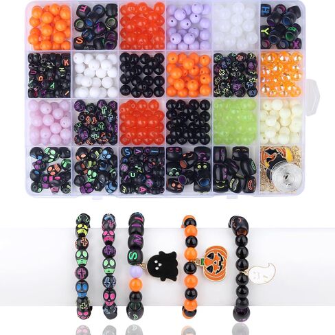 Sahoottie Halloween Beads for Friendship Bracelet Kit,400+ Pcs Halloween Glass Beads and Black Letter Bracelet Making Kit, Varieties of Charms Jewelry Making, DIY Crafts for Party in Saudi Arabia