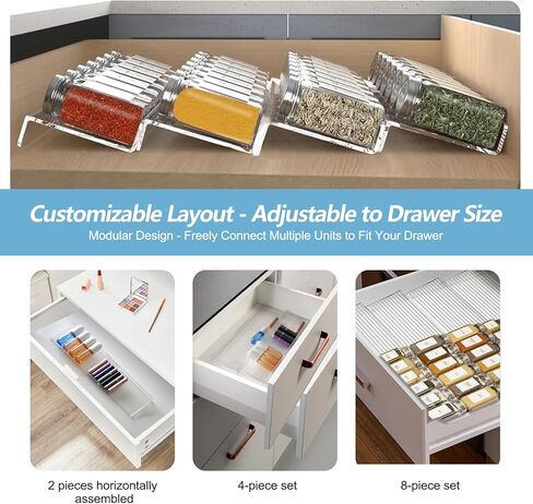منظم سبايس درج ، 8pcs منظم التوابل Clear Spice Rack للدرج ، قابلة للتوسيع من 11 '' إلى 22 '' Spices Spices Organization Rack for Drawler & Confertop in Kuwait