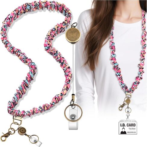 Scrunchie Lanyard Teacher for Id Badges Keys with Retractable Badge Reel Cute Teacher Lanyard for Women Black Nurse Stretchy Lanyards Key Lanyards with Clip Teachers Nurse Gifts Office Accessories-A in Kuwait