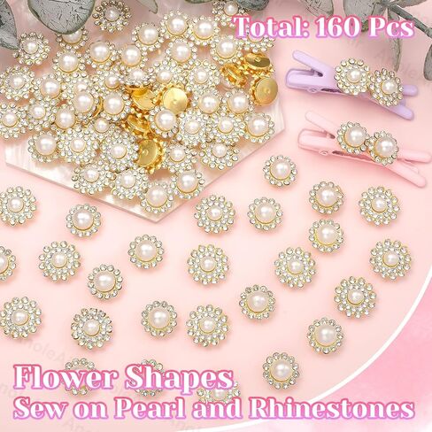 160 PCS Gems Pearls for Crafting, White Pearls Sew on Rhinestones, Crystal Glass with Metal Base Pearls Claw Flatback Rhinestones, 12MM 14MM Bedazzling for Clothes Shoes Hats Bags & Sewing Accessories in Kuwait
