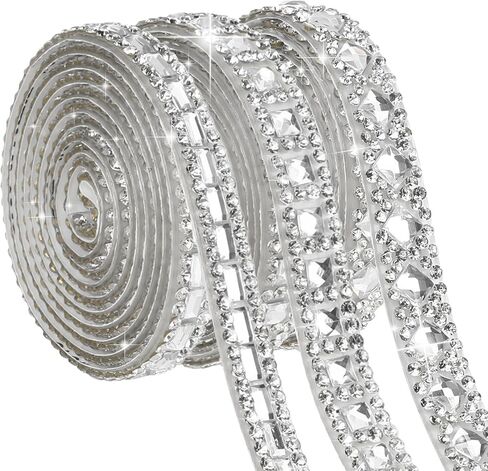 3 Yards Rhinestone Ribbons Self Adhesive Bling Crystal Rhinestone Strips, Glitter Rhinestones Tape Trim, Diamond Belt Gem Stickers Ribbon for DIY Art Crafts Clothing Wedding Birthday Decor (Silver) in Kuwait