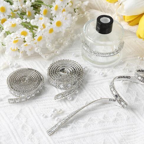 3 Yards Rhinestone Ribbons Self Adhesive Bling Crystal Rhinestone Strips, Glitter Rhinestones Tape Trim, Diamond Belt Gem Stickers Ribbon for DIY Art Crafts Clothing Wedding Birthday Decor (Silver) in Kuwait