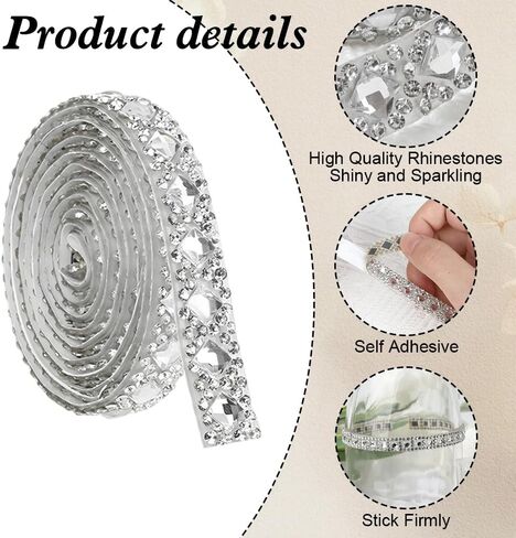 3 Yards Rhinestone Ribbons Self Adhesive Bling Crystal Rhinestone Strips, Glitter Rhinestones Tape Trim, Diamond Belt Gem Stickers Ribbon for DIY Art Crafts Clothing Wedding Birthday Decor (Silver) in Kuwait