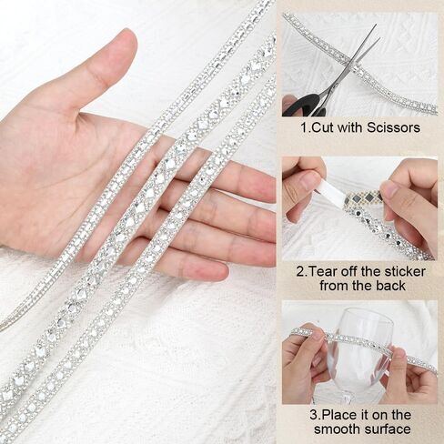 3 Yards Rhinestone Ribbons Self Adhesive Bling Crystal Rhinestone Strips, Glitter Rhinestones Tape Trim, Diamond Belt Gem Stickers Ribbon for DIY Art Crafts Clothing Wedding Birthday Decor (Silver) in Kuwait