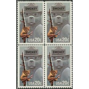 دب سموكي ~ فقط يمكنك منع حرائق الغابات ~ خدمة الغابات الأمريكية ~ الحرائق البرية #2096 كتلة من 4 × 20 طوابع بريدية أمريكية in Kuwait