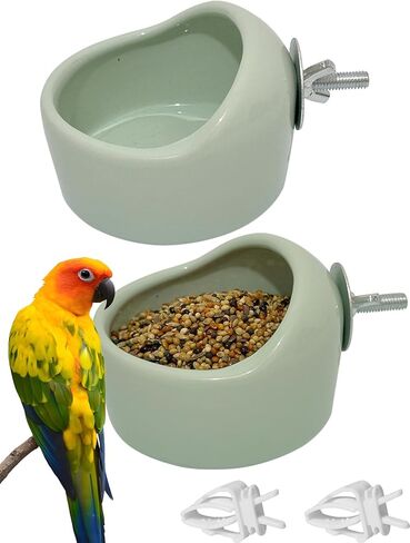 2PCS Birds Feeding Dish Cups Ceramic Bird Cage Food Bowls, Bird Cage Feeder Hanging Parrot Food Bowl for Budgie Finches Lovebirds Cockatiels (Green) in Kuwait