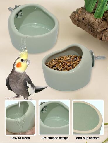 2PCS Birds Feeding Dish Cups Ceramic Bird Cage Food Bowls, Bird Cage Feeder Hanging Parrot Food Bowl for Budgie Finches Lovebirds Cockatiels (Green) in Kuwait