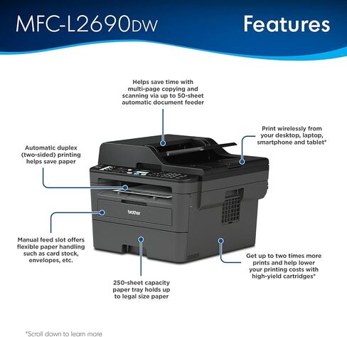 Brother MFC L26 Series Monochrome Monochrome All-in-One Laser Printer ، Printing التلقائي على الوجهين ، 250 ورقة ، لاسلكي ، طباعة متنقلة ، مع كابل طابعة MTC ، Black in Saudi Arabia