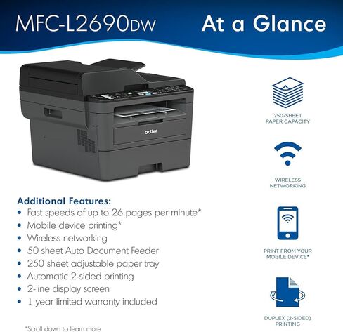 Brother MFC L26 Series Monochrome Monochrome All-in-One Laser Printer ، Printing التلقائي على الوجهين ، 250 ورقة ، لاسلكي ، طباعة متنقلة ، مع كابل طابعة MTC ، Black in Saudi Arabia