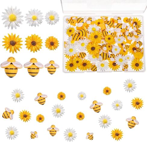 100Pcs Resin Bees Daisy Flowers Decor Bumblebee Embellishment Bees Flatback Bumble Sunflower Bee Charms Decorations with Storage Box for DIY Craft Scrapbooking Wreath Party Home Decorations, 3 Sizes in Kuwait