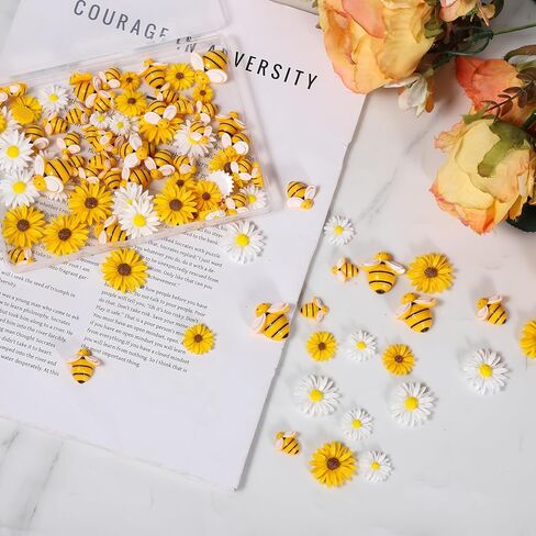 100Pcs Resin Bees Daisy Flowers Decor Bumblebee Embellishment Bees Flatback Bumble Sunflower Bee Charms Decorations with Storage Box for DIY Craft Scrapbooking Wreath Party Home Decorations, 3 Sizes in Kuwait
