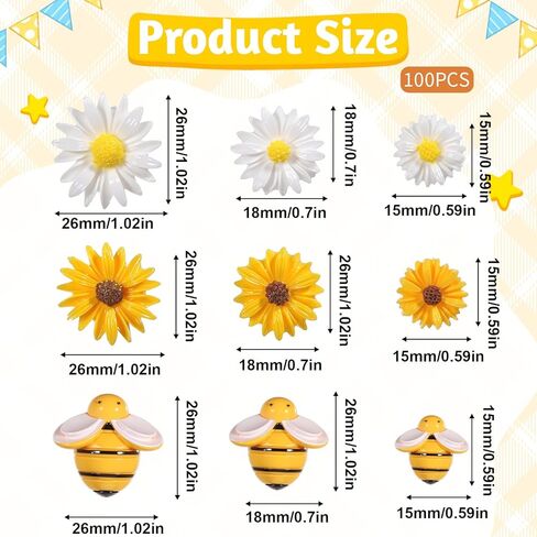 100Pcs Resin Bees Daisy Flowers Decor Bumblebee Embellishment Bees Flatback Bumble Sunflower Bee Charms Decorations with Storage Box for DIY Craft Scrapbooking Wreath Party Home Decorations, 3 Sizes in Kuwait