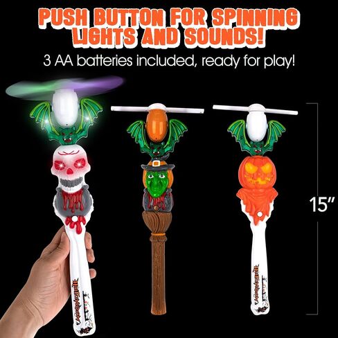 ArtCreativity Halloween Spinner Wands with Sounds - Set of 3 LED Wands, Witch, Pumpkin, Skull for Kids in Saudi Arabia