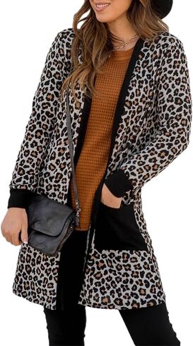 Womens Leopard Print Cardigan Lightweight Long Sleeve Open Front Fall Cardigans S-XXL in Kuwait