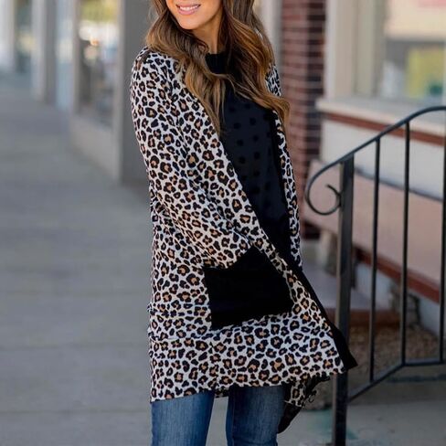 Womens Leopard Print Cardigan Lightweight Long Sleeve Open Front Fall Cardigans S-XXL in Kuwait